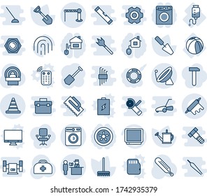 Blue tint and shade editable vector line icon set - satellite antenna vector, barrier, washer, passport control, road cone, job, trowel, shovel, rake, watering can, doctor case, thermometer, tv, fan