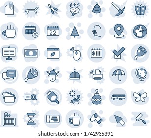 Blue tint and shade editable vector line icon set - airport bus vector, ticket, insurance, christmas tree, ball, dog, deer hat, coffee, brainstorm, butterfly, dialog, hdmi, pound, finance calendar