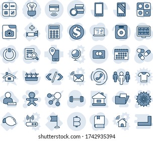 Blue tint and shade editable vector line icon set - firework vector, cake man, calculator, document search, seedling, monitor pulse, pills, barbell, lemon, hospital bed, flag, mobile tracking, coin