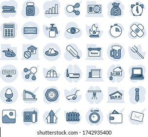 Blue tint and shade editable vector line icon set - money bag vector, stamp, farm fork, fence, lawn mower, fire, greenhouse, garden sprayer, thermometer, pills bottle, patch, eye, gallery, alarm
