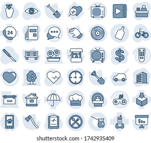 Blue tint and shade editable vector line icon set - office building vector, dollar sign, shovel, glove, house, well, axe, bench, heart pulse, scalpel, tomography, bike, real, eye, clipboard, phone