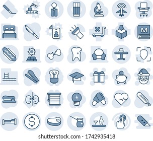 Blue tint and shade editable vector line icon set - bed vector, plane radar, gift, santa claus, heart pulse, thermometer, microscope, pills, caries, broken bone, scalpel, kidneys, no trolley, torch