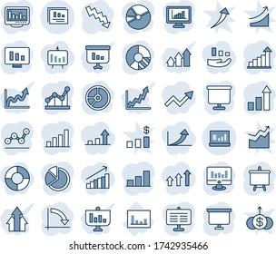 Blue tint and shade editable vector line icon set - growth statistic vector, presentation board, crisis graph, monitor, circle chart, statistics, report, account, bar, pie, point, arrow up, arrows