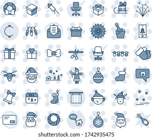 Blue tint and shade editable vector line icon set - flight table vector, firework, gift, bow, santa claus, christmas sock, ball, garland, landscape, bell, gloves, calendar, deer, rocket, wreath, hat