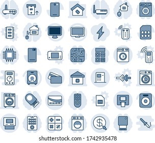 Blue tint and shade editable vector line icon set - washer vector, calculator, monitor, speaker, phone back, sim, atm, money click, smart home, credit card, control, chip, remote, router, usb flash
