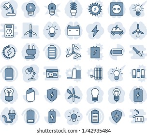 Blue tint and shade editable vector line icon set - bulb vector, battery, low, protect, charge, desk lamp, windmill, socket, power plug, energy saving, idea, lightning, electric car, business
