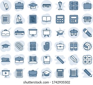 Blue tint and shade editable vector line icon set - airport bus vector, checkroom, suitcase, book, calculator, graduate, abacus, presentation board, microscope, case, paper clip, pencil, stapler