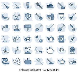 Blue tint and shade editable vector line icon set - job vector, garden fork, shovel, farm, rake, watering can, wheelbarrow, sproute, hoe, sickle, plant label, pumpkin, greenhouse, seeds, fertilizer