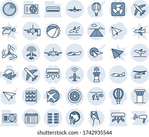 Blue tint and shade editable vector line icon set - plane vector, airport tower, radar, helicopter, seat map, globe, runway, departure, arrival, boarding passengers, small, seats, schedule, fan, fly