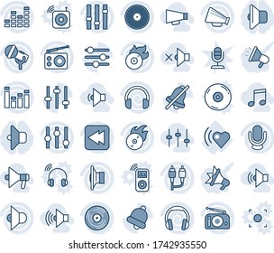 Blue tint and shade editable vector line icon set - heart beat vector, vinyl, flame disk, microphone, radio, speaker, loudspeaker, settings, equalizer, headphones, rewind, rca, tuning, bell, mute