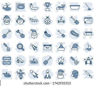 Blue tint and shade editable vector line icon set - trap truck vector, santa claus, christmas hat, sleigh, elf, job, garden fork, shovel, lady bug, caterpillar, pond, bacteria, stomach, medical mask