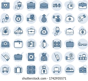Blue tint and shade editable vector line icon set - suitcase vector, baggage conveyor, trolley, larry, luggage storage, checkroom, truck, case, money bag, fertilizer, doctor, dropper, first aid kit