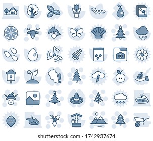 Blue tint and shade editable vector line icon set - christmas tree vector, deer, holly, mountains, hat, flower in pot, sproute, butterfly, water drop, rain, well, seeds, caterpillar, bird house