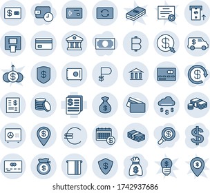 Blue tint and shade editable vector line icon set - credit card vector, safe, dollar sign, money bag, receipt, euro, bitcoin, ruble, coin, cash, rain, tap pay, exchange, bank, atm, calendar, pin