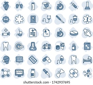 Blue tint and shade editable vector line icon set - first aid room vector, monitor pulse, diagnosis, stethoscope, blood pressure, dropper, pills blister, ampoule, scalpel, patch, tomography, car