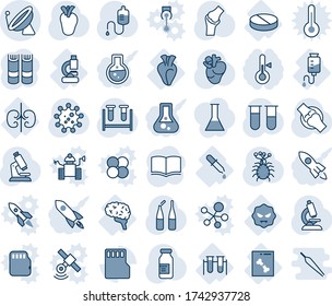 Blauer Farbton und Farbton der bearbeitbaren Vektorlinie - Satellitenanteninspektor, Buch, Blut-Test Durchstechflasche, Tropfer, Mikroskop, Ampulle, reales Herz, Gelenk, Virus, Pipette, Drop-Counter, Labor, Pille, Gehirn