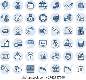 Blue tint and shade editable vector line icon set - growth statistic vector, money bag, crisis graph, coin, dollar sun, bank, account, piggy, investment, cash pay, encashment, wallet, check, purse