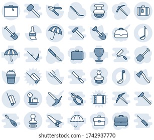Blue tint and shade editable vector line icon set - suitcase vector, umbrella, stamp, baggage scales, job, shovel, farm fork, bucket, pruner, axe, scalpel, fragile, themes, case, ladle, hard work