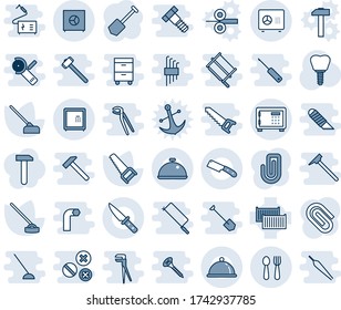 Blue tint and shade editable vector line icon set - safe vector, spoon and fork, job, saw, hoe, implant, cargo container, paper clip, dish, knife, work, anchor, hammer, steel rolling, sledgehammer