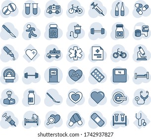 Blue tint and shade editable vector line icon set - medical room vector, heart, pulse, diagnosis, stethoscope, syringe, blood pressure, test vial, dropper, diagnostic, microscope, scales, pills, car