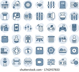 Blue tint and shade editable vector line icon set - airport tower vector, baggage conveyor, passport control, security gate, stamp, vip zone, terrorism, building, scales, floor, gamepad, settings