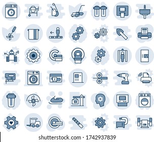 Blue tint and shade editable vector line icon set - washer vector, fork loader, coffee machine, metal detector gate, travolator, snowmobile, gear, ripper, lawn mower, tomography, mri, heart, atm