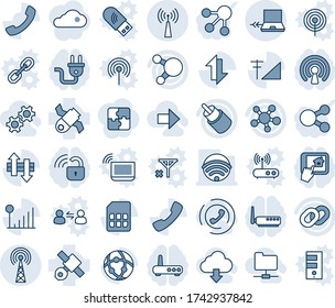Blue tint and shade editable vector line icon set - antenna vector, notebook connect, satellite, share, chain, rca, call, sim, network, data exchange, cellular signal, wireless, gear, right arrow