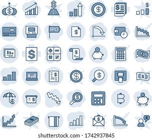 Blue tint and shade editable vector line icon set - credit card vector, growth statistic, calculator, crisis graph, receipt, bitcoin, insurance, atm, money search, account statement, piggy bank, bar