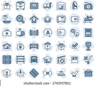 Blue tint and shade editable vector line icon set - safe vector, checkroom, gift, bow, santa sleigh, merry christmas message, bird house, doctor case, first aid kit, bag, pills blister, milk, cargo