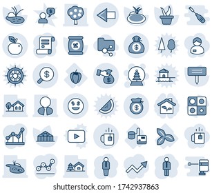 Blue tint and shade editable vector line icon set - left arrow vector, tea, snowball tree, manager, contract, seedling, plant label, greenhouse, pond, fertilizer, tonometer, three leafs, application