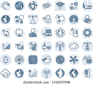 Blue tint and shade editable vector line icon set - antenna vector, clouds, notebook connect, earth, satellite, network, share, user, wireless, cellular signal, bitcoin, check, folder, refresh cloud