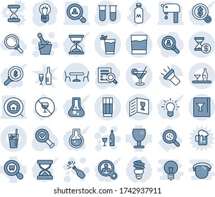 Blue tint and shade editable vector line icon set - cafe vector, wine, champagne, document search, bulb, blood test vial, heart diagnostic, bacteria, no alcohol sign, milk, fragile, cargo, torch