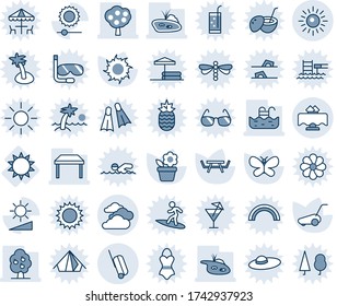 Blue tint and shade editable vector line icon set - suitcase vector, sun, clouds, flower in pot, lawn mower, butterfly, picnic table, brightness, pond, pool, fruit tree, restaurant, sunglasses, palm
