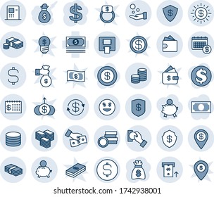 Blue tint and shade editable vector line icon set - dollar sign vector, money bag, cash, coin, exchange, big, safe, sun, smile, atm, finance calendar, pin, piggy bank, pay, wallet, finger ring, rich