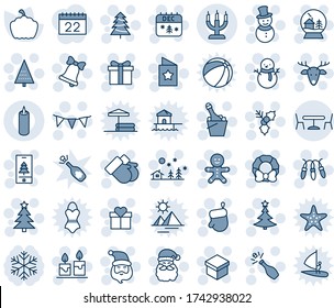 Blue tint and shade editable vector line icon set - cafe vector, christmas tree, gift, santa claus, glove, garland, landscape, bell, gloves, cake man, snowman, calendar, deer, holly, wreath, candle