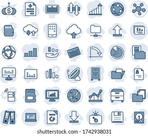 Blue tint and shade editable vector line icon set - satellite antenna vector, bomb in case, growth statistic, office binder, crisis graph, monitor, document reload, diagnosis, patient card, folder