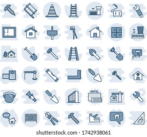 Blue tint and shade editable vector line icon set - barrier vector, border cone, airport building, fenced area, baggage room, office, trowel, shovel, ladder, hospital, house with tree, plan, crane
