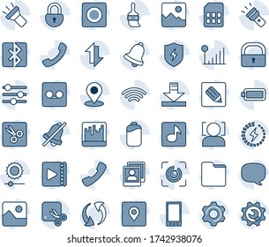 Blue tint and shade editable vector line icon set - mobile vector, call, message, update, gallery, protect, settings, tuning, themes, bell, record, scanner, sim, folder, notes, data exchange, torch