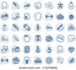 Blue tint and shade editable vector line icon set - pumpkin vector, seeds, heart pulse, stethoscope, dropper, patch, barbell, tooth, implant, diet, hospital, list, thermometer, pills bottle, vial