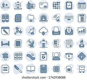 Blue tint and shade editable vector line icon set - escalator vector, reception, satellite antenna, down, schedule, book, document, reload, pulse clipboard, signpost, office phone, mail, sim, notes
