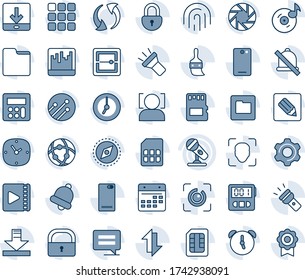Blauer Farbton und Farbton editierbare Vektorgrafiken-Zeichensatz - Mikrofon-Vektor, Handy-Rückseite, Menü, Meldung, Update, Handy-Kamera, Einstellungen, Themen, Rechner, Wecker, Wecker, Stoppuhr, Glocke, Scanner, sd, sim