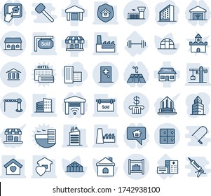 Blue tint and shade editable vector line icon set - barrier vector, airport building, baggage room, first aid, office, house, greenhouse, hospital, barbell, store, warehouse, bank, sold signboard