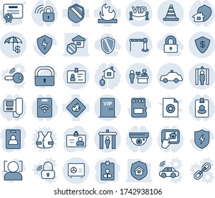 Blue tint and shade editable vector line icon set - barrier vector, passport control, security gate, metal detector, safety car, identity, road cone, safe, card, shield, flammable, protect, sd, lock