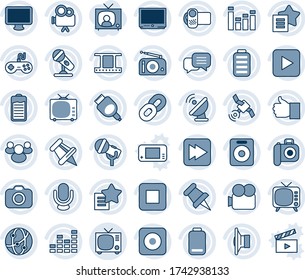 Blue tint and shade editable vector line icon set - tv vector, satellite antenna, film frame, camera, microphone, radio, speaker, gamepad, equalizer, video, network, dialog, monitor, chain, group