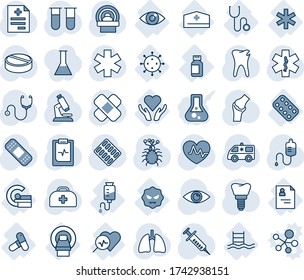 Blue tint and shade editable vector line icon set - heart pulse vector, doctor case, diagnosis, stethoscope, syringe, blood test vial, dropper, microscope, pills, blister, patch, tomography, car