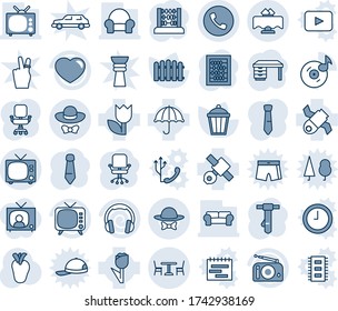Blauer Farbton und Schatten editierbare Vektorgrafik-Zeichensatz - Café Vektor, Telefon, TV, Bürostuhl, Abacus, Schreibtisch, Krawatte, Zaun, Gartenleuchte, echtes Herz, Satellit, Regenschirm, Tulpe, Radio, Kopfhörer, Musik