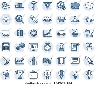 Blue tint and shade editable vector line icon set - seedling vector, pause, alarm led, consumer search, group, arrow up graph, gear, shining head, rocket, wallet, pennon, growth, investment, idea