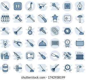 Blue tint and shade editable vector line icon set - safe vector, fenced area, passport control, rake, wheelbarrow, pruner, hoe, garden knife, cargo container, oil barrel, pause button, paper clip