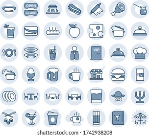 Blue tint and shade editable vector line icon set - cafe vector, coffee machine, waiter, cook hat, wine card, reception, drink, cocktail, phyto bar, beer, plates, bacon, egg stand, bread, building