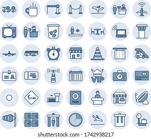 Blue tint and shade editable vector line icon set - airport tower vector, plane radar, antenna, satellite, fence, arrival, bus, barrier, hot cup, cafe, passport control, security gate, escalator, tv